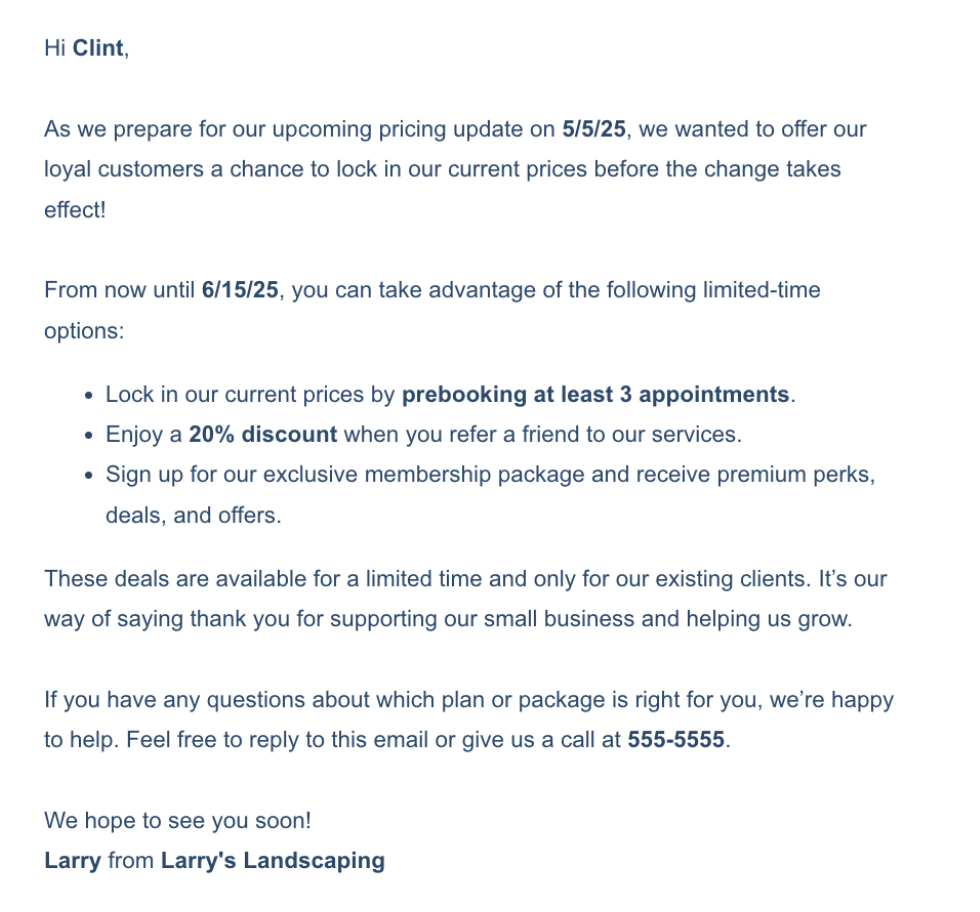 how to tell customers about a price increase sample email